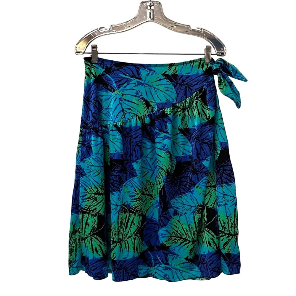 Catalina Vintage Tropical Leaf Print Wrap Skirt Blue Green Side Tie USA Made